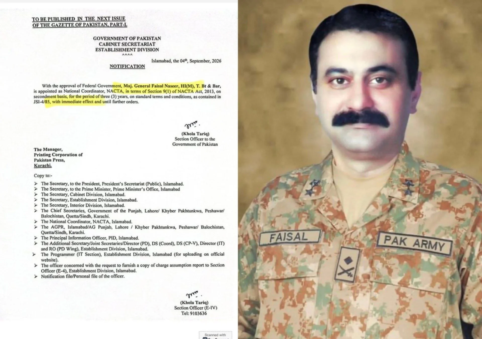 میجر جنرل فیصل نصیر نیکٹا کے نیشنل کوآرڈینیٹر مقرر